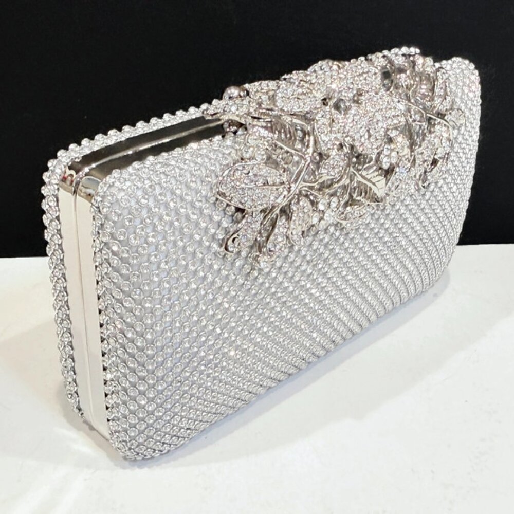 Silver Rhinestone Crystal Clutch, Optional Silver Chain, Large Floral Clasp
